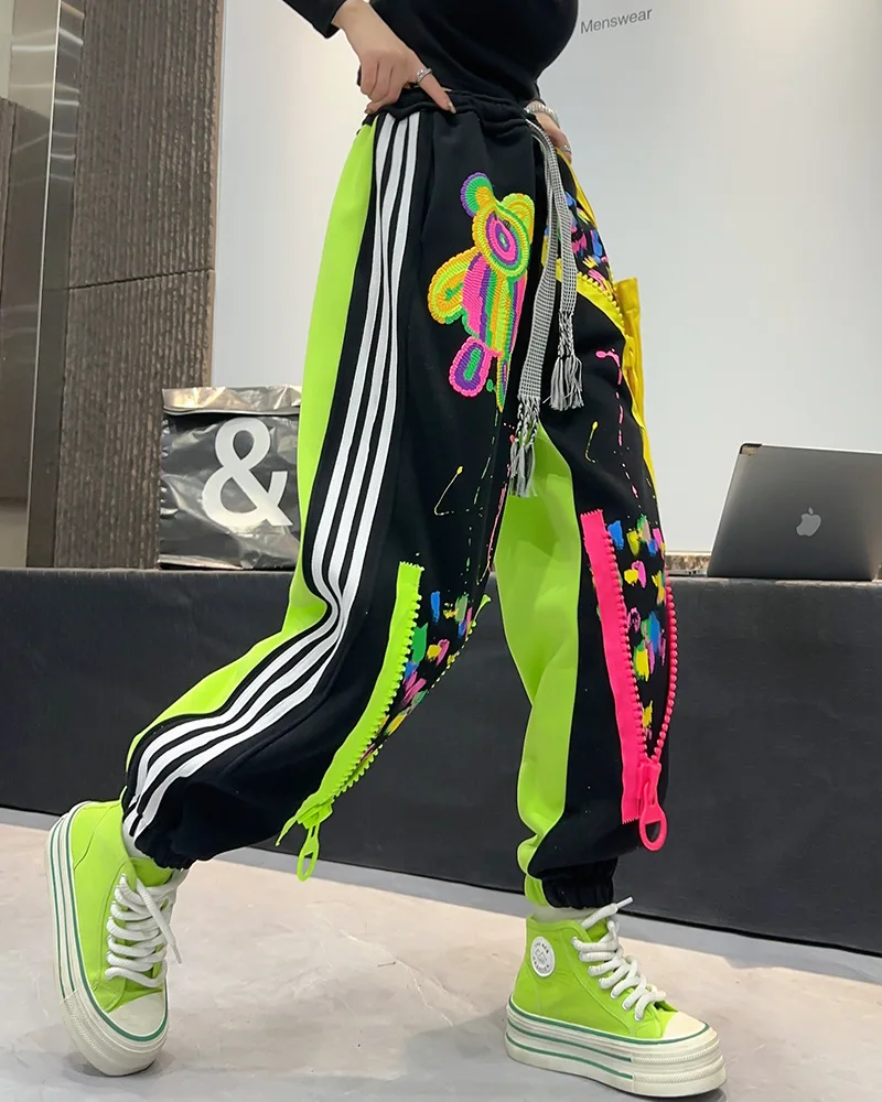 Women' s Graffiti Zipper Pants Hip-Hop Trend Casual Long Pants Y2k Clothes Baggy Sportwear Streetwear Hip118cm 2024 Autumn