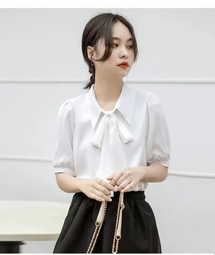 Summer New Blouses For Lady Vintage Elegant Women Work Wear Casual Short Sleeve Shirts Chiffon Solid Tops 2024 New Clothes