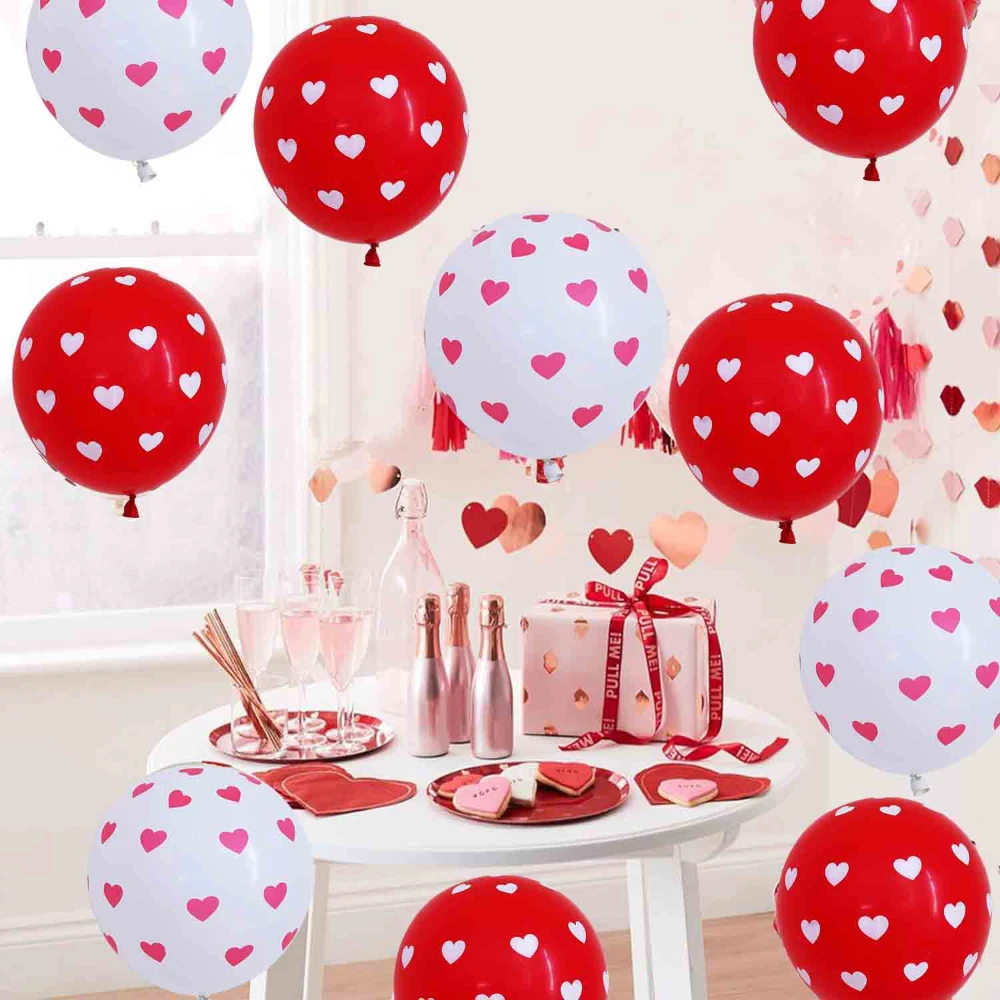 20 Stück rot-weiße herzförmige Latexballons, 30,5 cm, Ballons mit Herzdruck für Hochzeit, Jahrestag, Valentinstag, Muttertag, Geburtstag