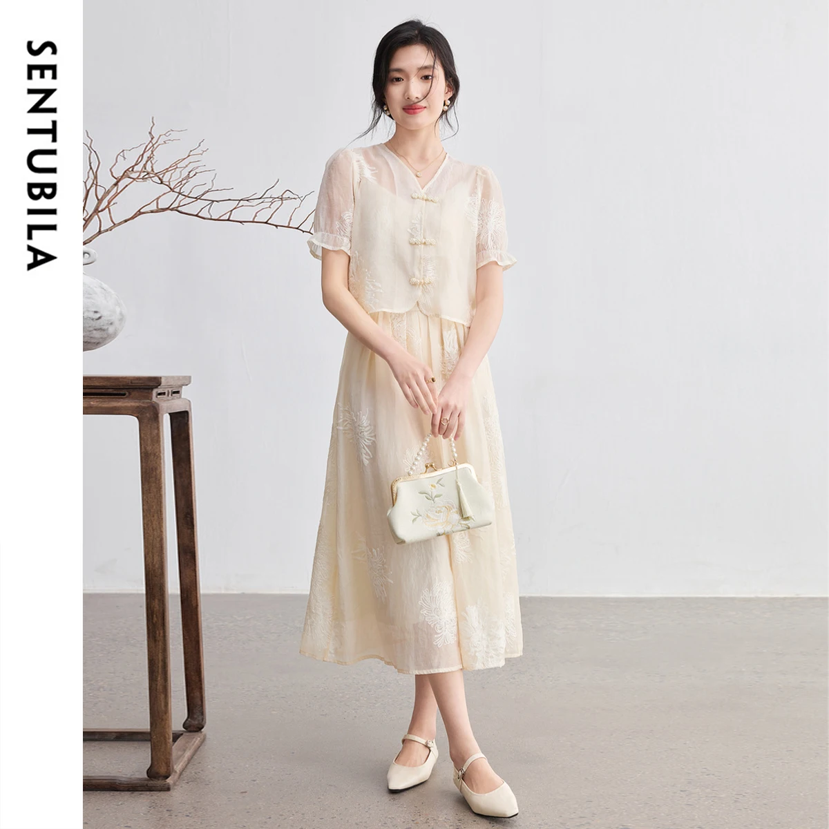 SENTUBILA Chinese Style Beige Suits for Woman 2025 Single Breasted V Neck Tops Suspender Dress Summer Casual Outfits 152ZC2797
