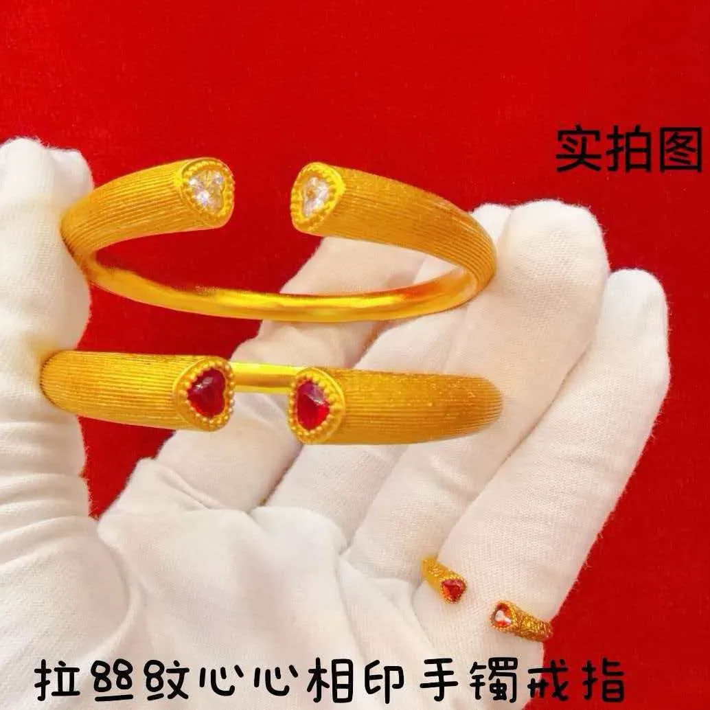 Zylax Jewelry Heart to Heart Bangle and Ring Set Women's 24K Gold AU999 - Pure gold heart set, low-key luxury, for office days