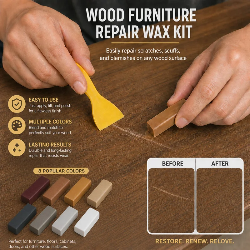 8Pcs Super Strong Wood Repair Wax Blocks + 1Pc Scraper Set—Black, Gray, White, Earthy Yellow, Light Yellow Series Wood Floor Repair Wax Block Kit, Suitable for Wooden Furniture and Floors, Furniture Repair Marker Pen, Linseed Oil Floor Repair Set, Effectively Covers Scratches, Dents, Nail Holes, Cracks, and Stains Suitable for Wooden Doors, Floors, Tables, Cabinets, Desks. Indispensable Woodworking Tools, a Great Choice!