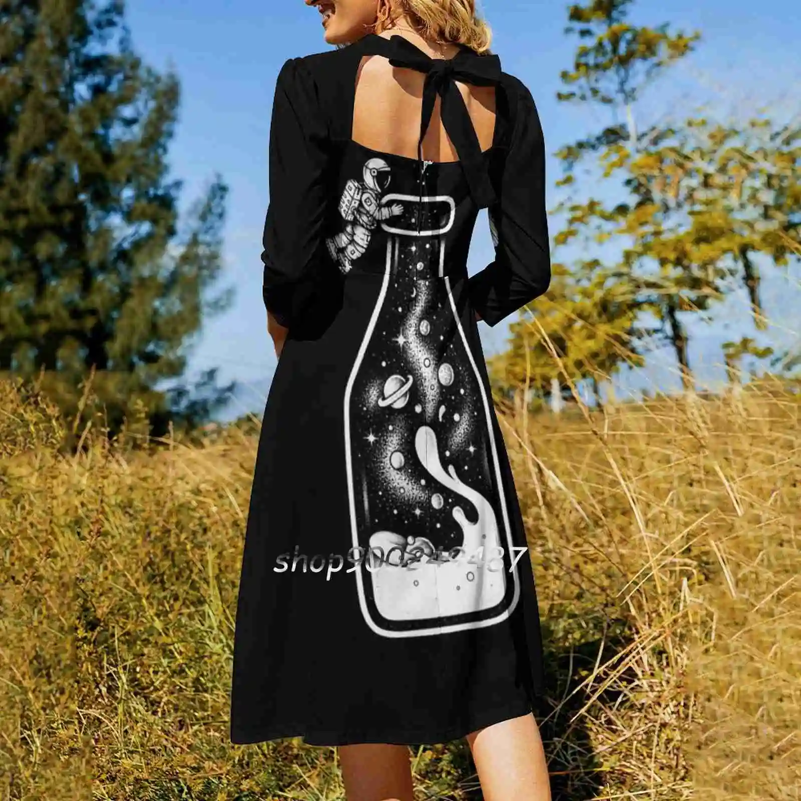 Milky Way Square Neck Dress Sweet Summer Dress Women Elegant Halter Print Dress Space Stars Milky Way Astronaut Asteroidday