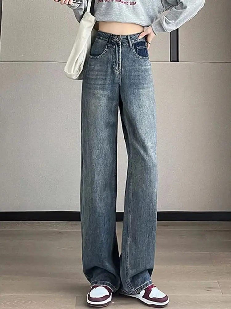 Beżowe, proste, eleganckie, postarzane jeansy damskie, nowość na wiosnę, klasyczne, z wysokim stanem, luźne, podstawowe, długie spodnie damskie z szerokimi nogawkami.