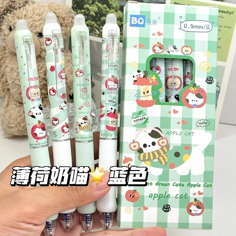 4Pcs/Set Kawaii Apple Cat Erasable Gel Pen 0.5mm Blue Ink Quick Dry Smooth Writing Pens School Office Stationery Exam Supplies G