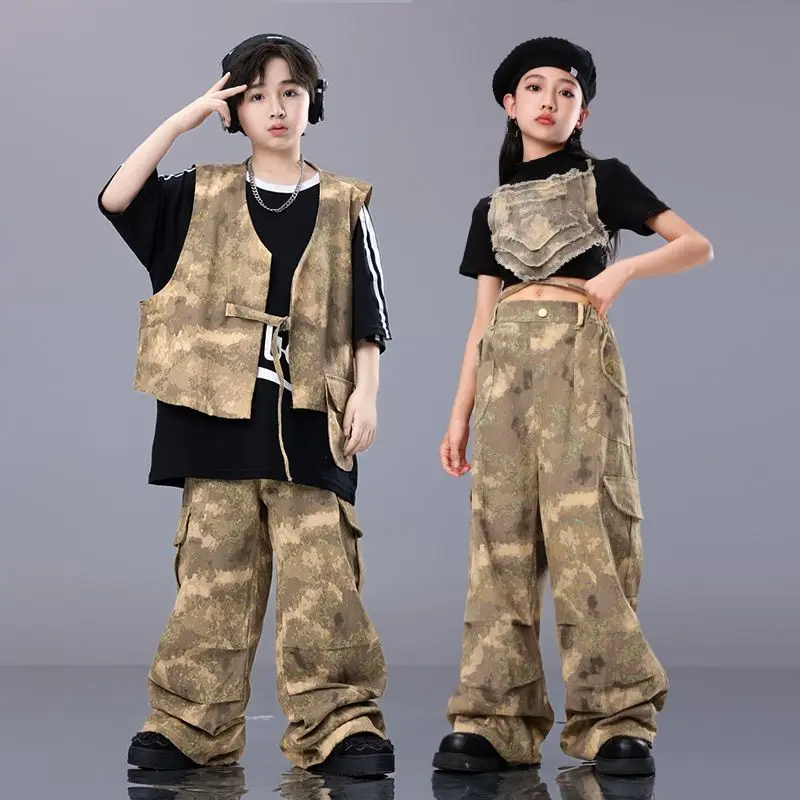 Kid Cool Hip Hop Clothing Star Crop Tank Desert Camouflage Vest Casual Wide Cargo Pants for Girl Boy Jazz Dance Costumes Clothes