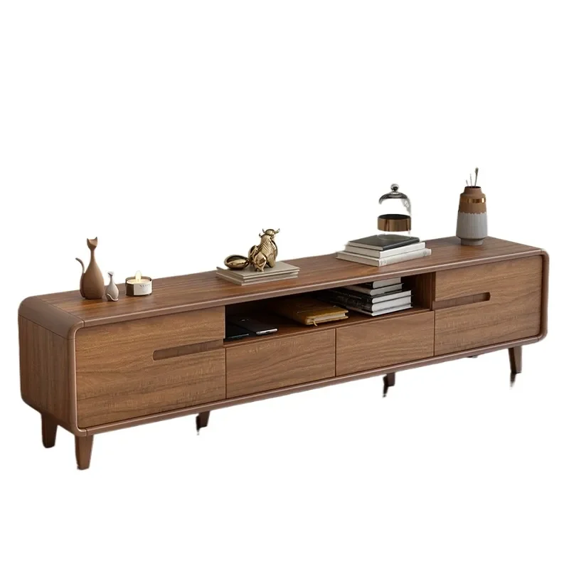 Solid Wood Frame TV Cabinet Low Floor Console New Chinese Style Small Apartment Living Room Video Storage Unit Walnut Bedroom