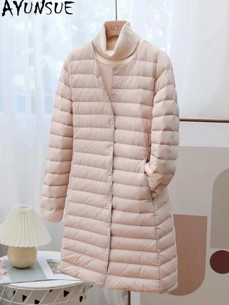 Imagem -04 - Ayunsue-cabolsa Fino e Ultra Leve para Baixo Pato Feminino Cabolsa Longo e Quente Cabolsa Puffer Básico Branco Outono e Inverno