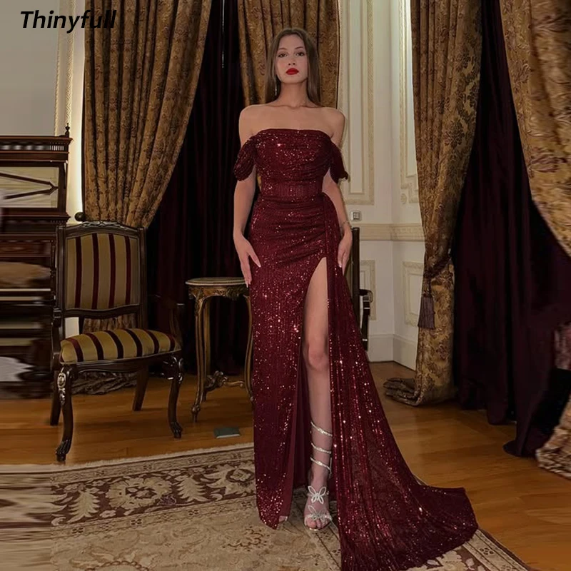

Thinyfull Mermaid Arab Sequin Prom Dresses Off Shoulder Sleeveless Evening Gown Split Long Dress robes de soirée Customized