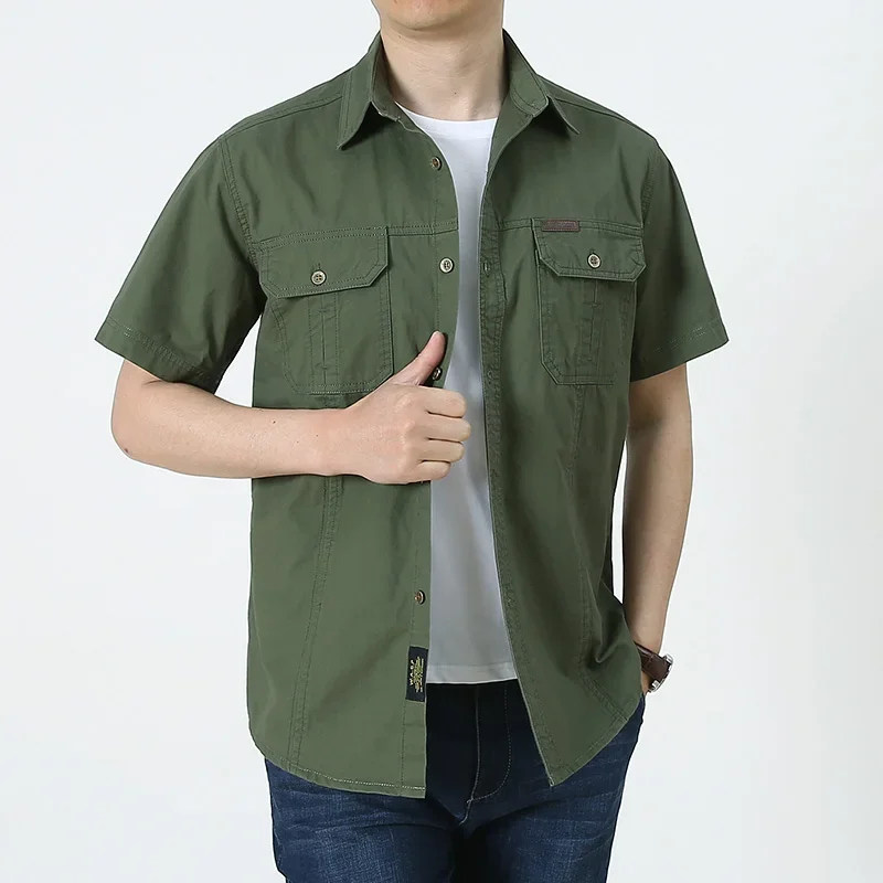 2023 Men Cargo Shirt Casual 100% Cotton Solid Short Sleeve Multi Pocket Work Blouses Loose Plus Size 5XL Business Men Clothing