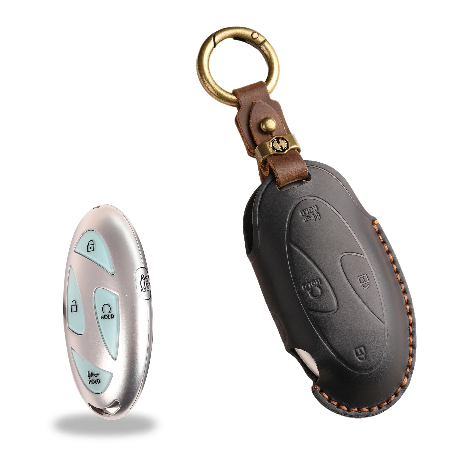 Handmade Vintage Leather Key Case for Hyundai, Full Wrap with Orange Stitch & Antique Ring, for Grandeur GN7 Kona EV