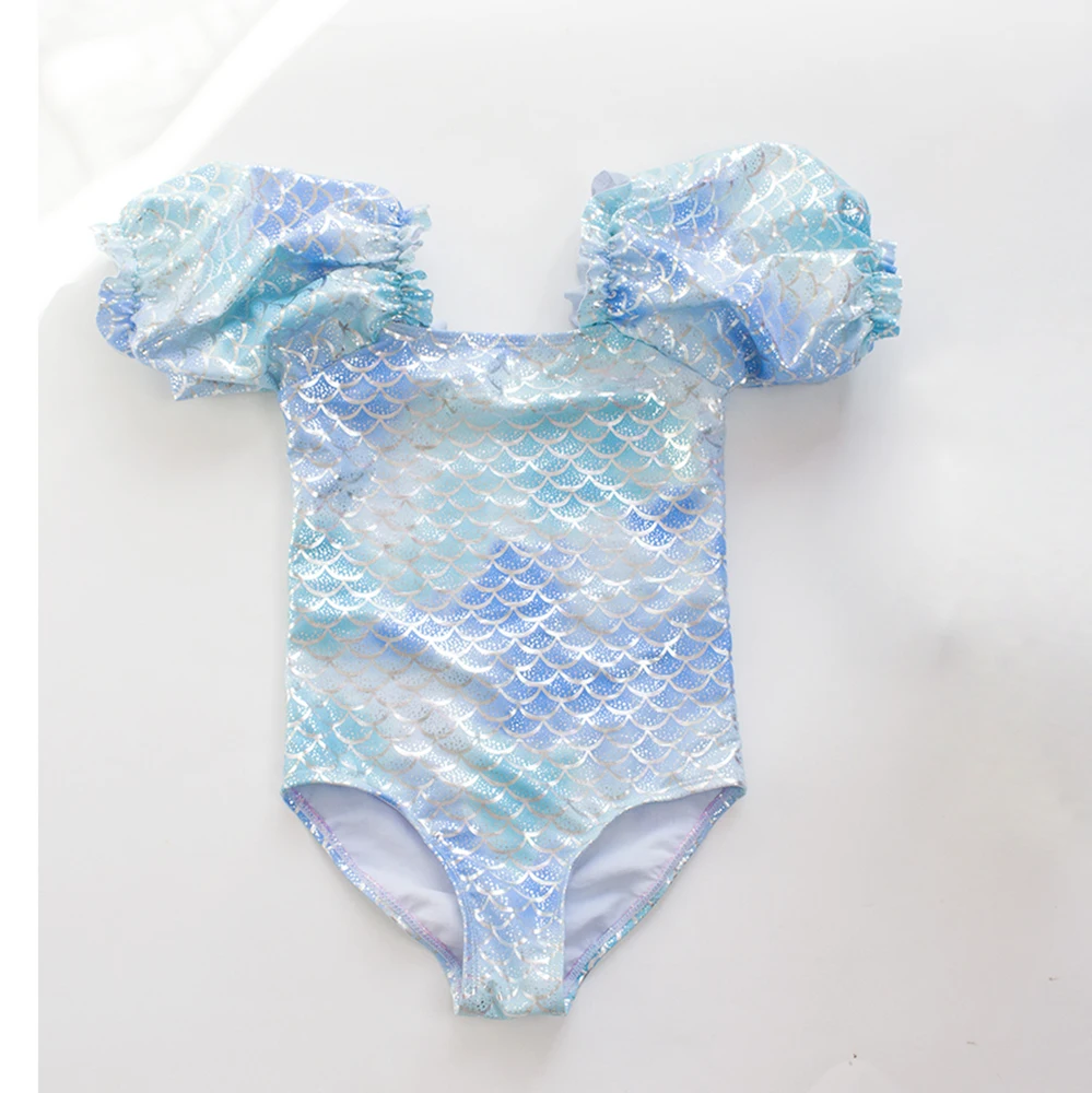 Gradient Kids Girls Swimsuit Swimwear Puff Sleeve Child Swimming Suit Cute Teen One Piece Swimwear Mermaid Children Bathing Suit