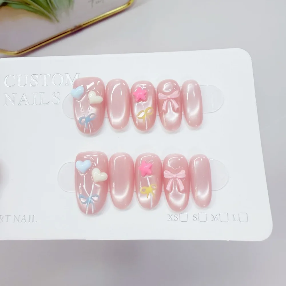 10 Pieces Sweet Cute Heart Stars Rainbow Balloons Handmade Press On Nails Pink Heart Cat Eye Fake Nails Removable Reusable