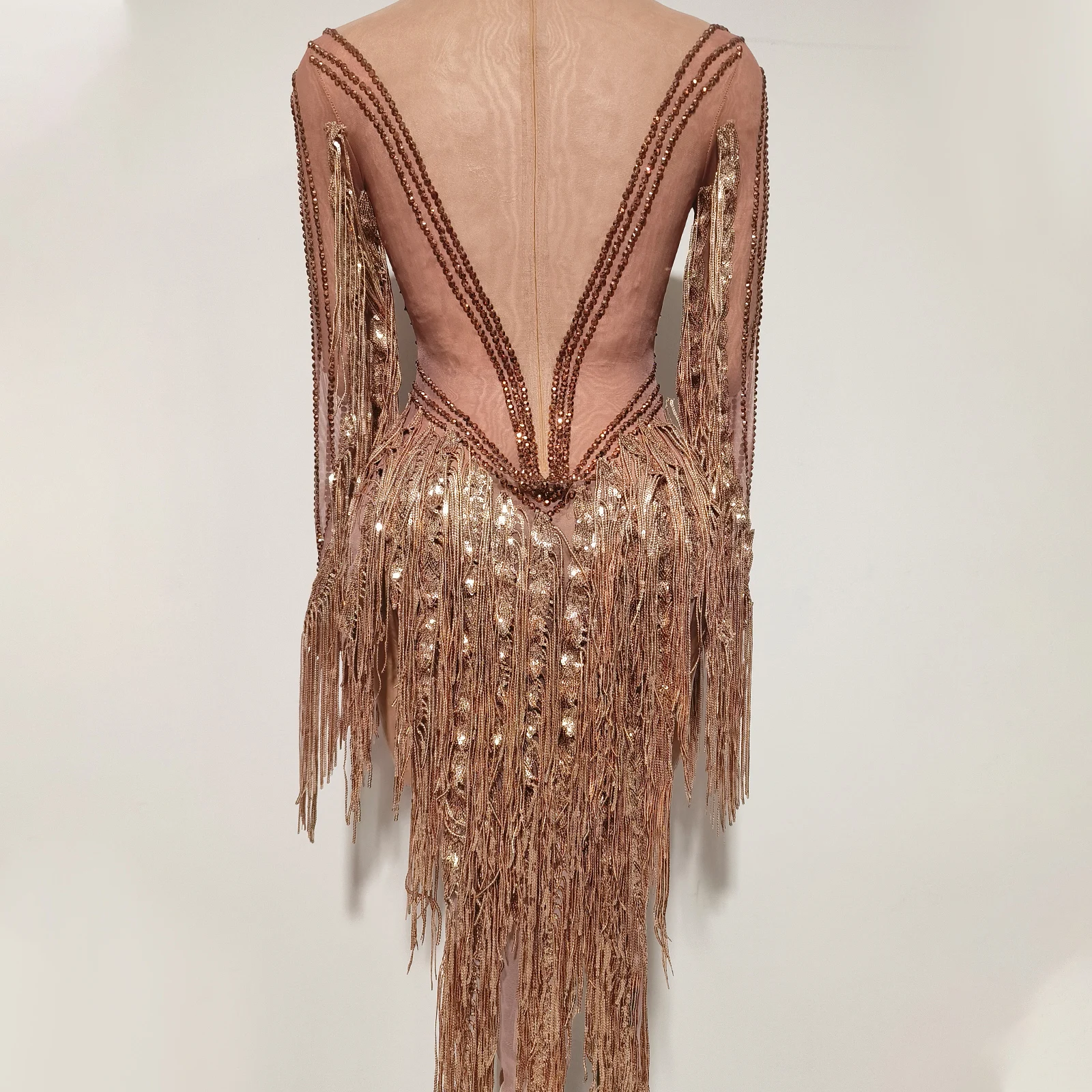 New Golden Rhinestones Sequins Tassels Long Sleeve Mesh See Through Bodycon Mid-calf Dress Birthday Fashion Celebrate Stage Wear