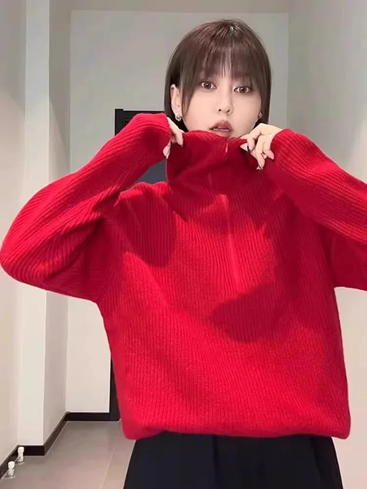 새해 캐주얼 롱 스웨터 여성 니트 지퍼 후드 출퇴근용 레드 컬러 한국 버전