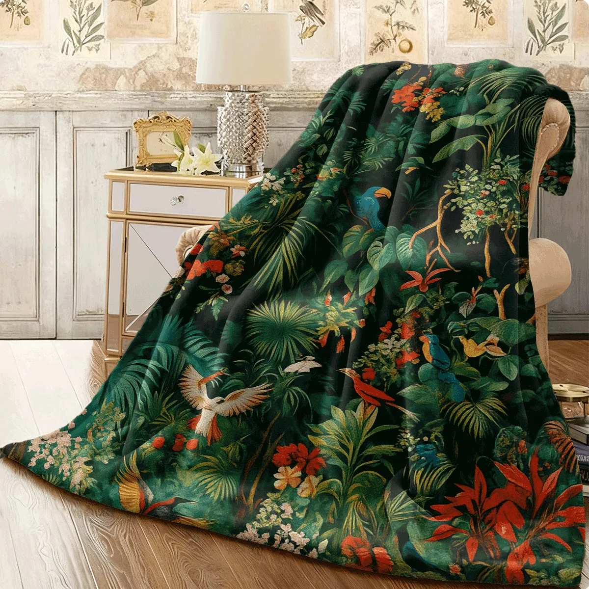 1pc Fluffy Throw Blanket, 2D Flat Tropical Jungle Parrot Plant Floral Print, Warm Blanket for Sofa Bedroom, Camping Decor Gift