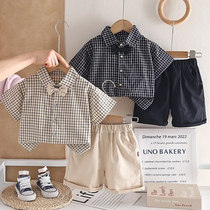 Conjunto Formal de 2 Piezas para Bebé Niño, Verano 2026, Camisa de Manga Corta a Cuadros con Corbata de Moño y Pantalones Cortos Lisos, para Cumpleaños, Bodas y Fiestas