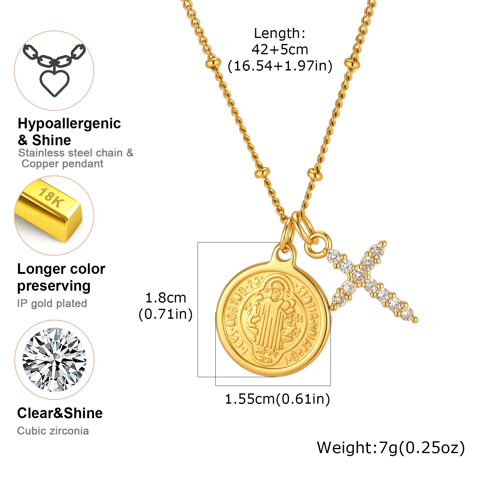 Vnox Trendy Saint Benedict Medal Pendant Necklaces for Women Gold Color Religious﻿ Virgin Mary Zircon Cross Pendant Amulet Gifts
