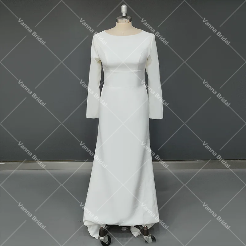 Boat Neck Racer Hollow Back Customized Wedding Dress SimpleLong Fitted Sleeves Sheath Crepe Satin Soft Bridal Gowns