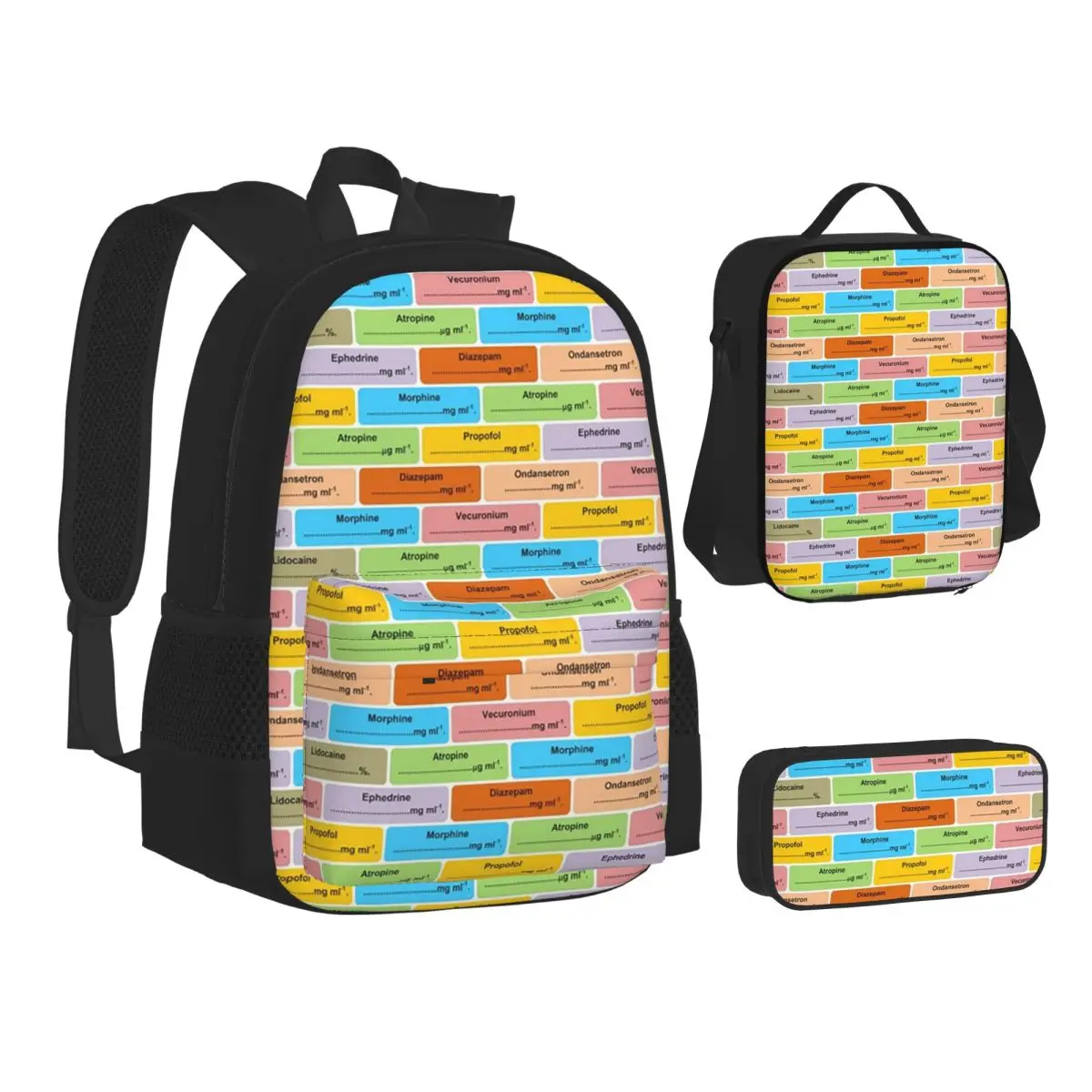 

Gift For Anaesthetist Anesthetist Anesthesiologist Drug Label Pattern Backpacks Bookbag School Lunch Bag Pen Bag Three-Piece Set