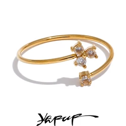 Yhpup Delicate Bling Cubic Zirconia Flower Thin Adjustable Golden Ring Waterproof Stainless Steel Chic Korean Jewelry Gift