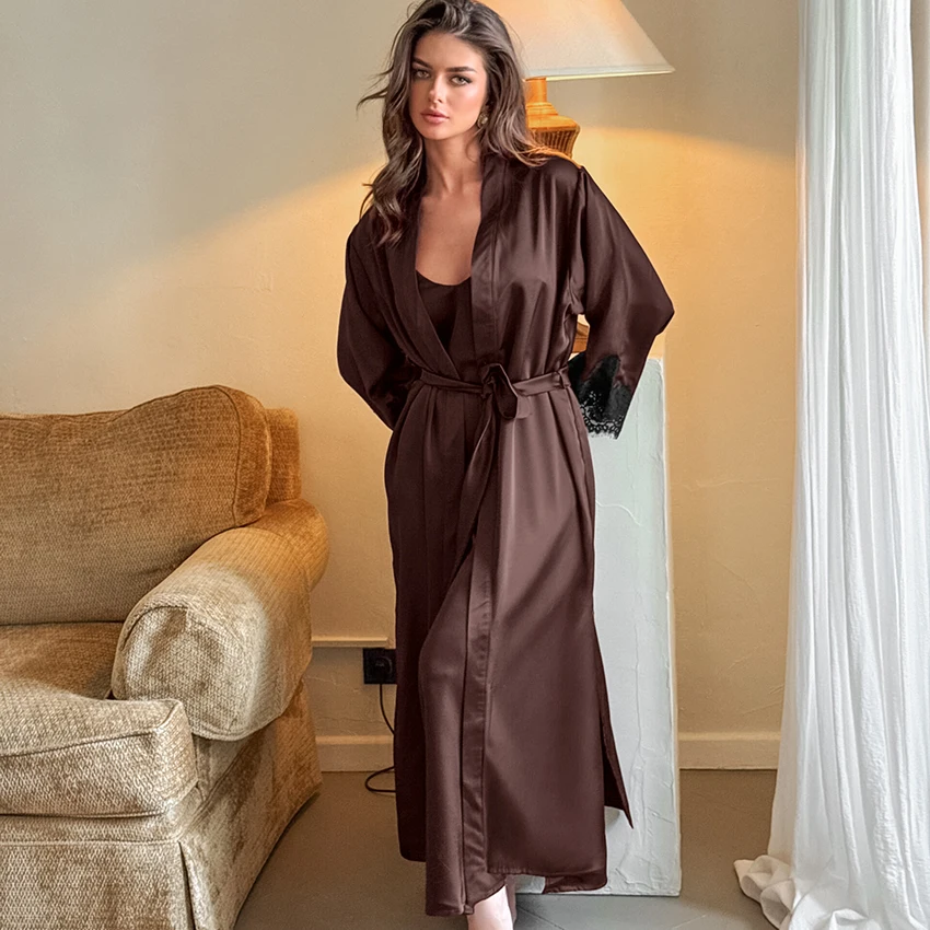 hiloc-brown-elegant-woven-women's-pajamas-two-piece-long-sleeve-v-neck-wrapped-strap-long-robe-sleeveless-strap-long-nightgown