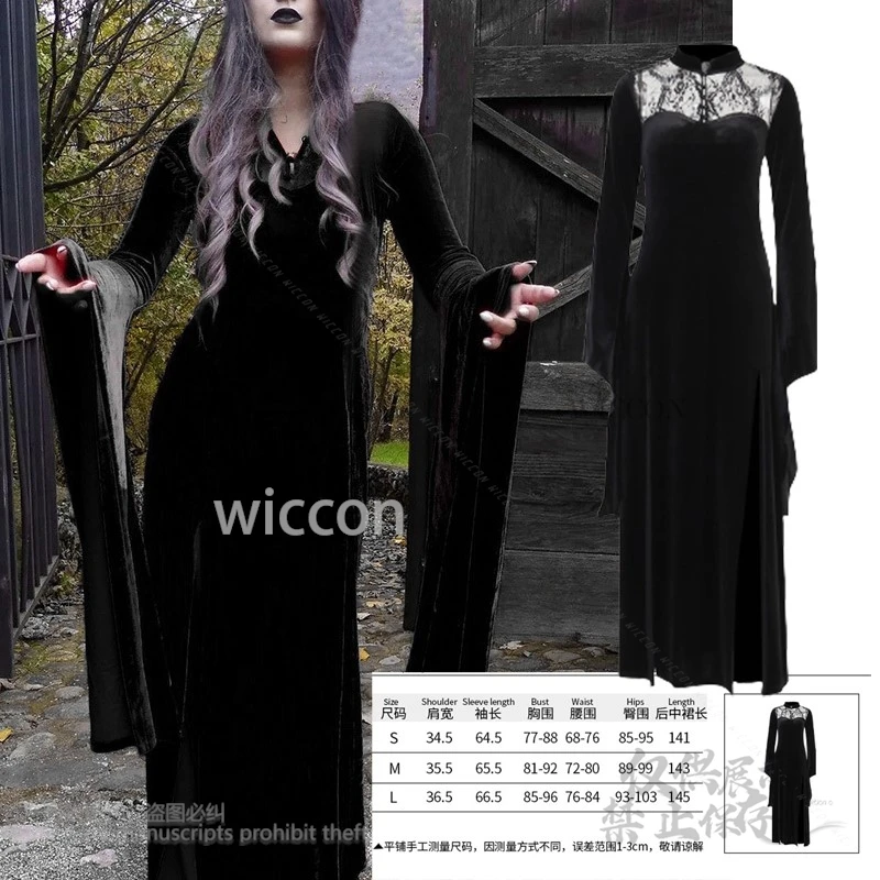 

Gothic Velvet Sexy Vintage Lace Patchwork Flare Sleeve Long Dress Chaming Vintage Witch Dark Women Nighty Goth Party Halloween