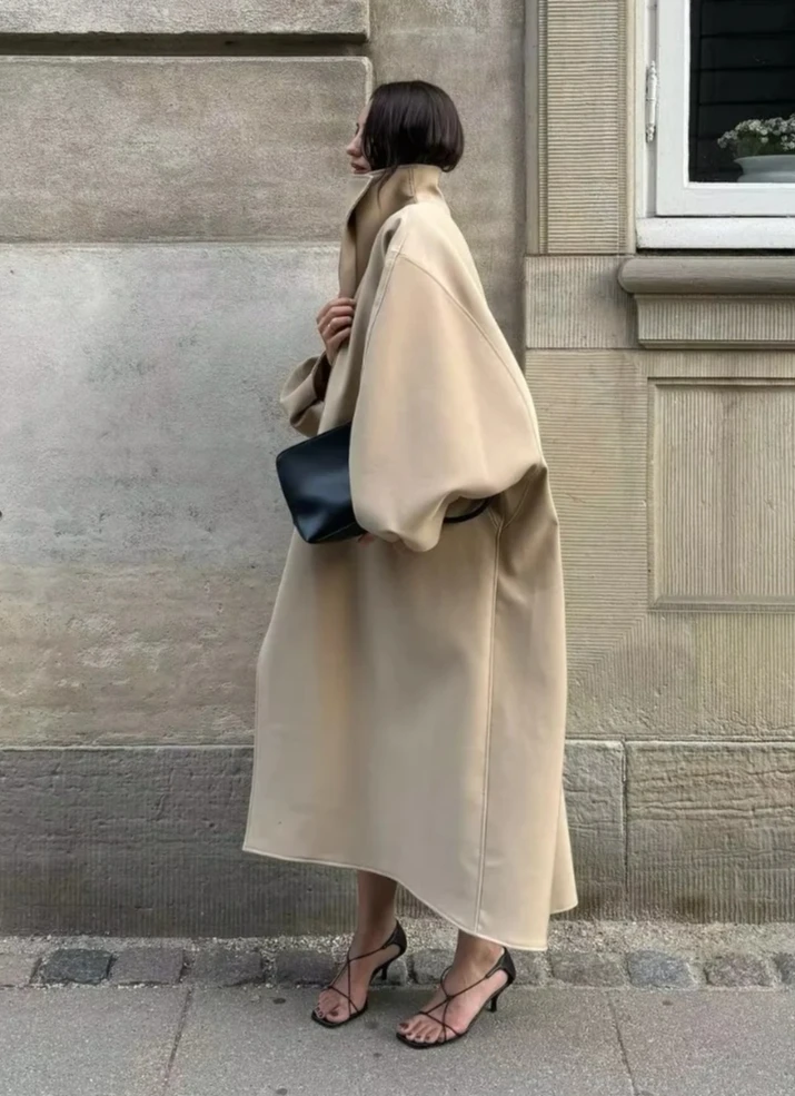 سترة واقية سيدة الخريف Highstreet JacketFashion الكاكي طويل خندق معطف المرأة عادية التلبيب الوقوف طوق واحدة الصدر فضفاضة #5