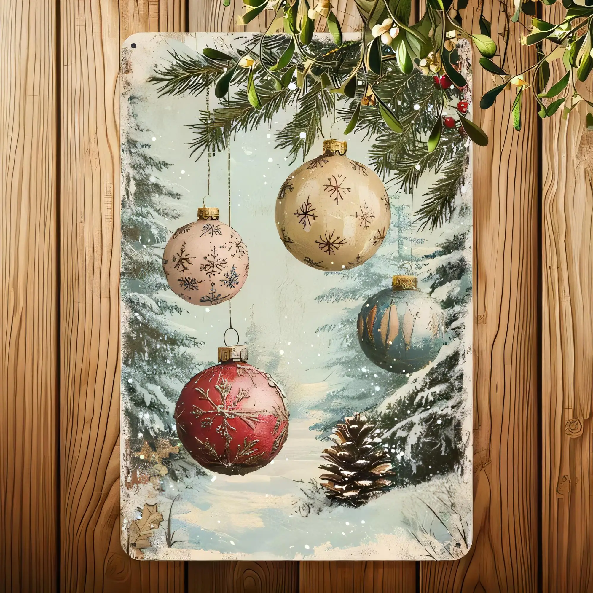 Vintage Christmas Tin Sign Snowy Pine Trees Hanging Baubles Metal Wall Art Plaque Retro Holiday Decor for Home Bar Pub Office