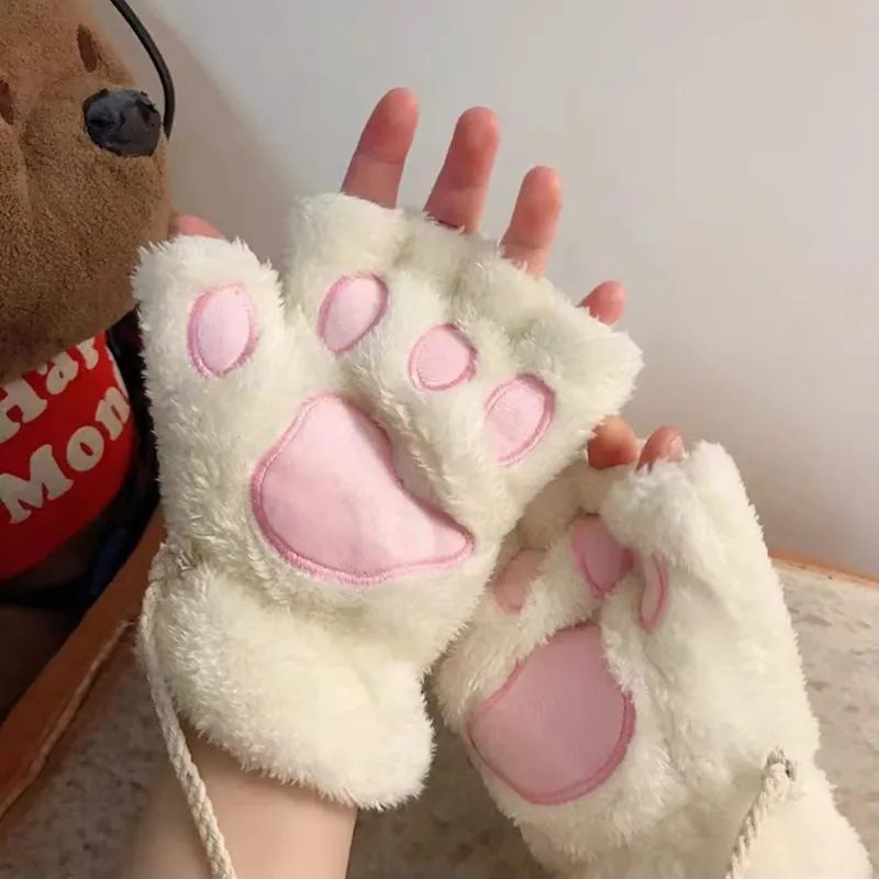 Kawaii Cat Paw Claw Gloves For Women Plush Winter Warm Fingerless Mittens Gloves Girls Bear Cat Fluffy Half Finger Gloves Mitten