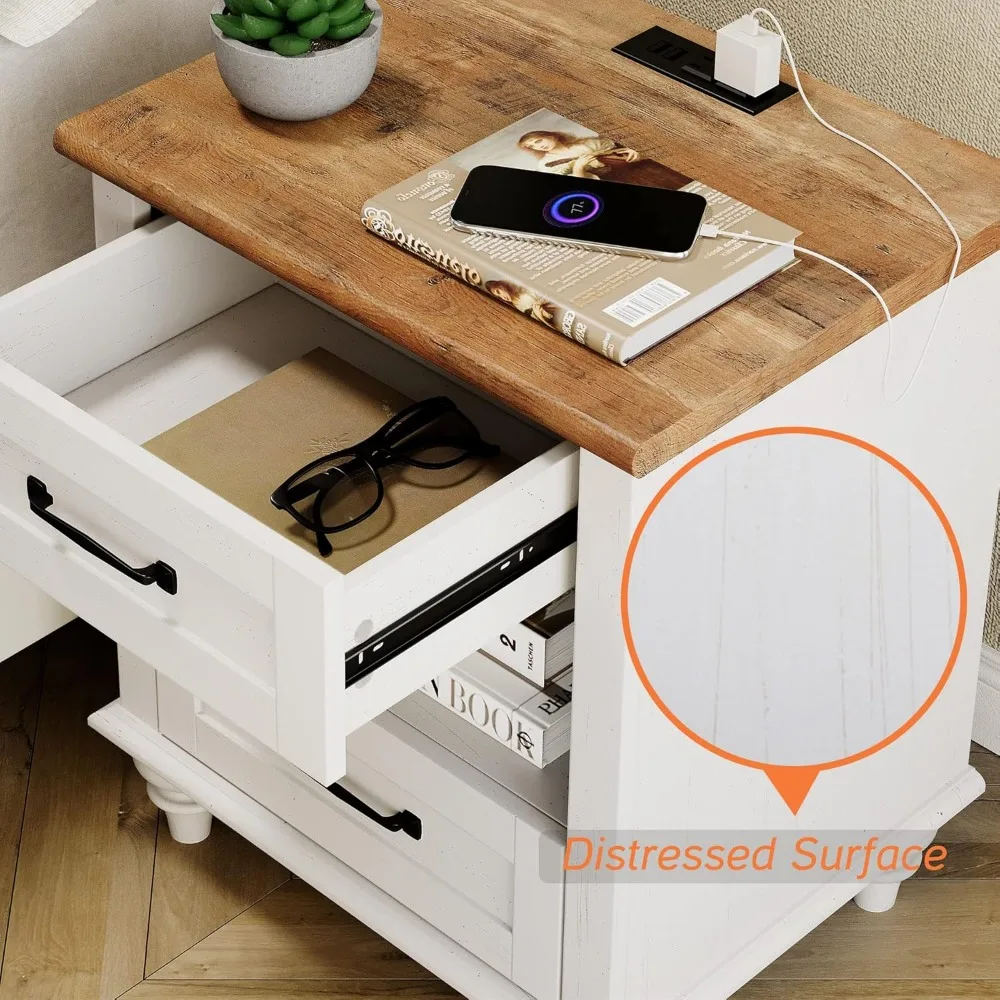 منضدة مع منفذ شحن، درج تخزين وأرجل خشبية، طراز ريفي