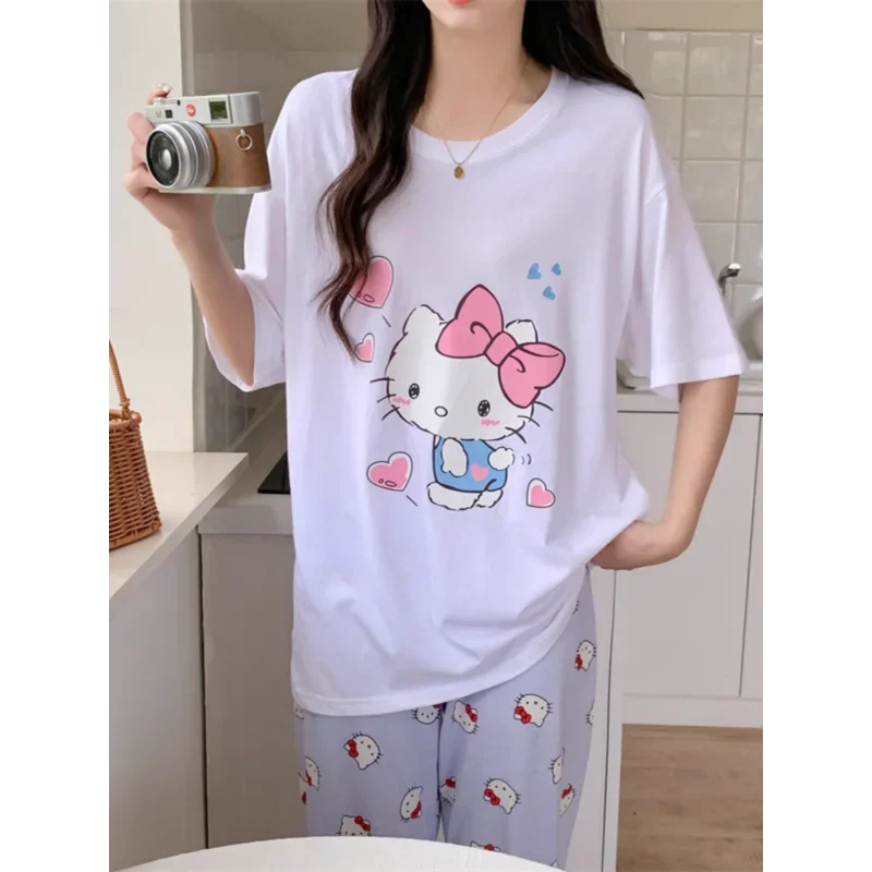 Sanrio New Hello Kitty Silk Pajamas Women's Cute Cartoon Casual and Comfortable Cool Breathable Lightweight Home Women's Pajamas