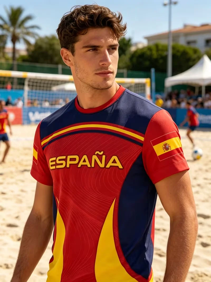National Team Style Spanish Letter Sports Illustration T-Shirt, ,Men'S Commute Casual Wear, , Lightweight Loose Short Sleeve Top