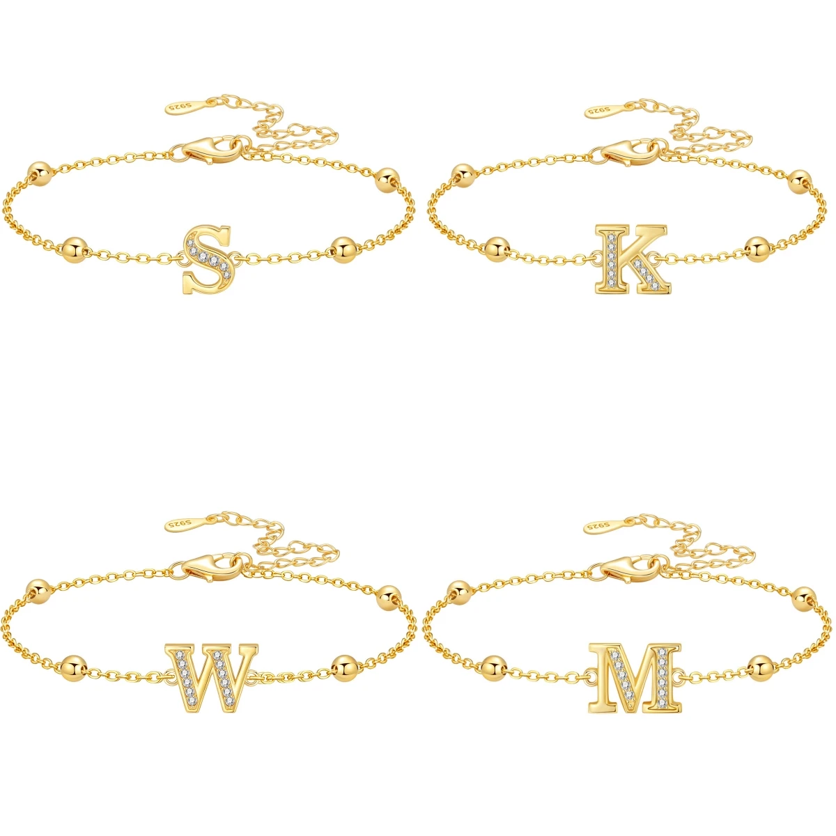 CYCUFF Neues Armband aus 925er Sterlingsilber mit 18 Karat Gold, A-Z Glücks-Initialenperlen, Gliederkette, Damenarmband, Schmuck, Jubiläumsgeschenke