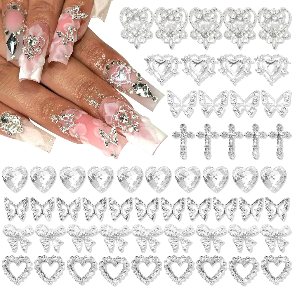 100PCS Silver Nail Charms 3D Bows for Nails 8 Shapes Butterfly Nail Charms Shiny Crystal Heart Nail Charms Alloy Silver Nail