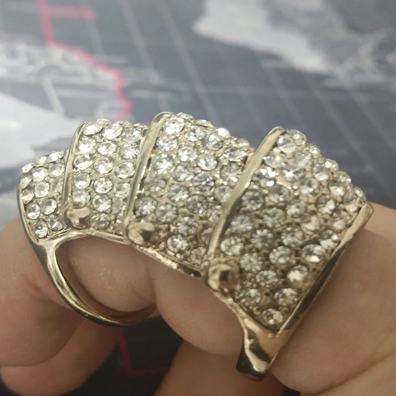 Luxury Alloy Rhinstone 4-segment Armor Finger Ring for Men Women Evening Party Delicate Wedding Anniversary Gift
