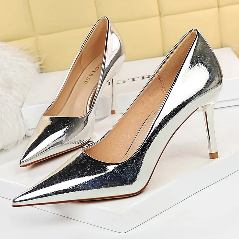 BIGTREE Shoes Women 8.5 Cm Heels Patent Leather Woman Pumps Fashion Wedding Shoes Stilettos Luxury Banquet Shoes Plus Size 42 43