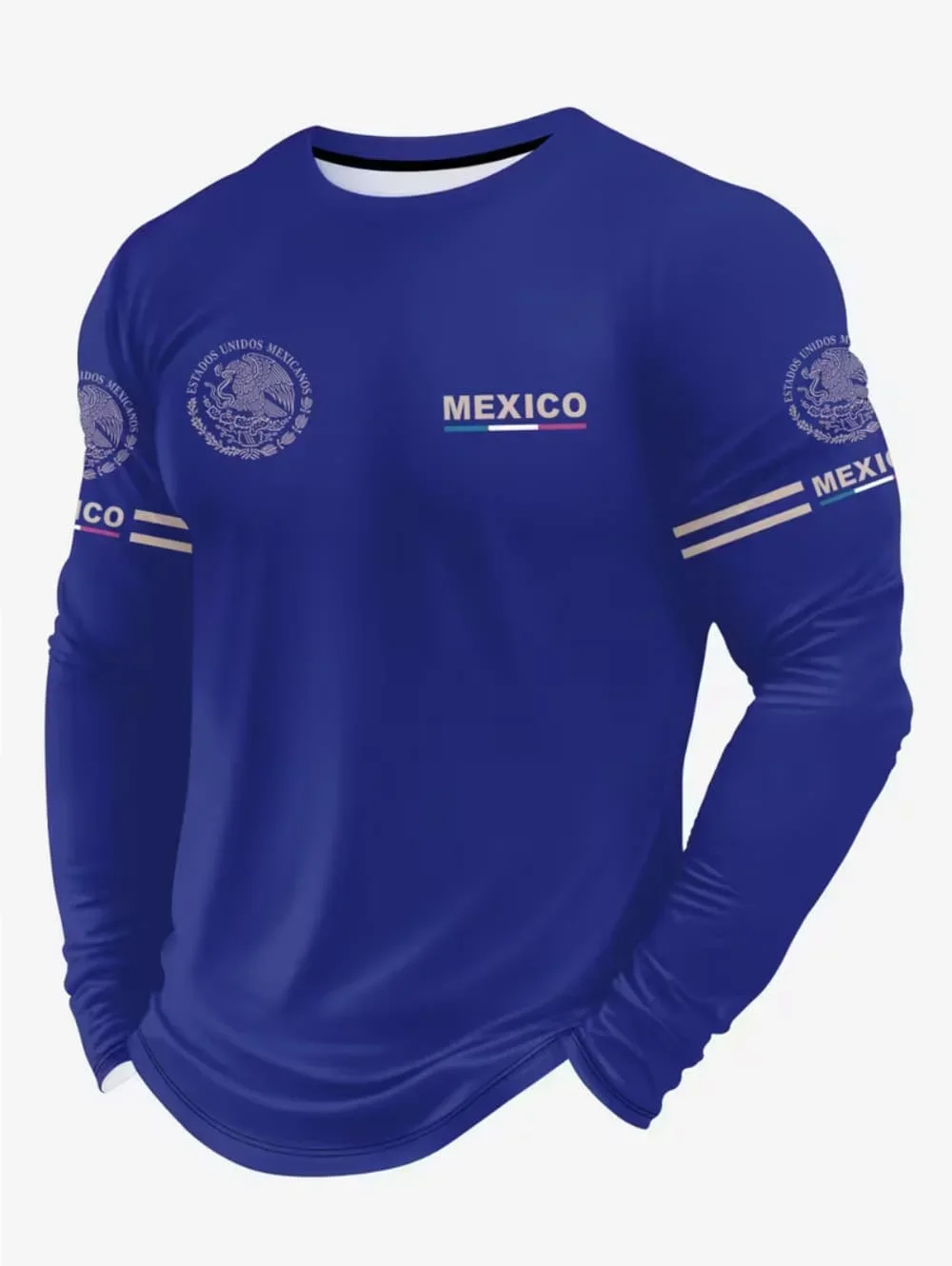 Men's Mexico Eagle Print T‑Shirt, Fashion Comfortable Long‑Sleeve T‑Shirt, Casual O‑Neck Pullover, Loose Men's Tops for Autumn - view 2