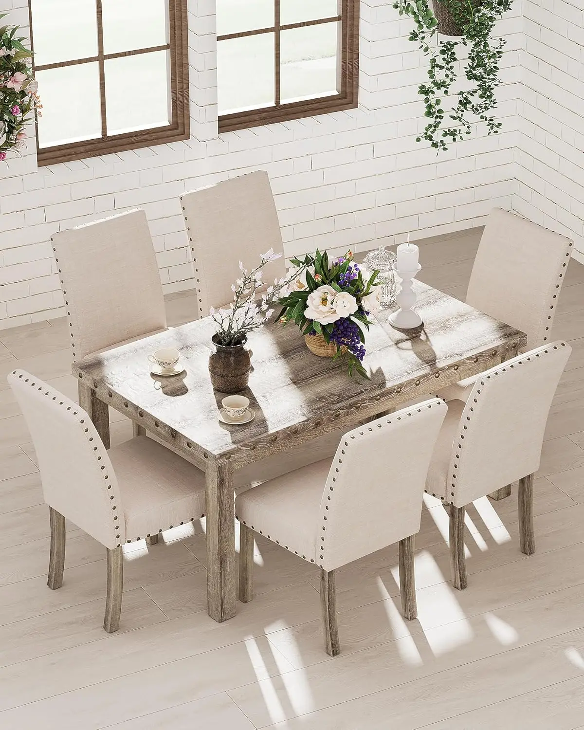 7 Piece Rustic Wooden Dining Set, Mid-Century Modern Table & Chair Set for Spacious Dining Rooms and Entertaining Guests