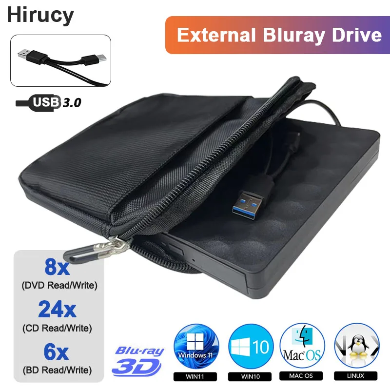 USB 3.0 Type-C External Bluray Drive for Laptop PC Portable BD DVD CD -/+RW Burner Writer Reader with Protective Sleeve