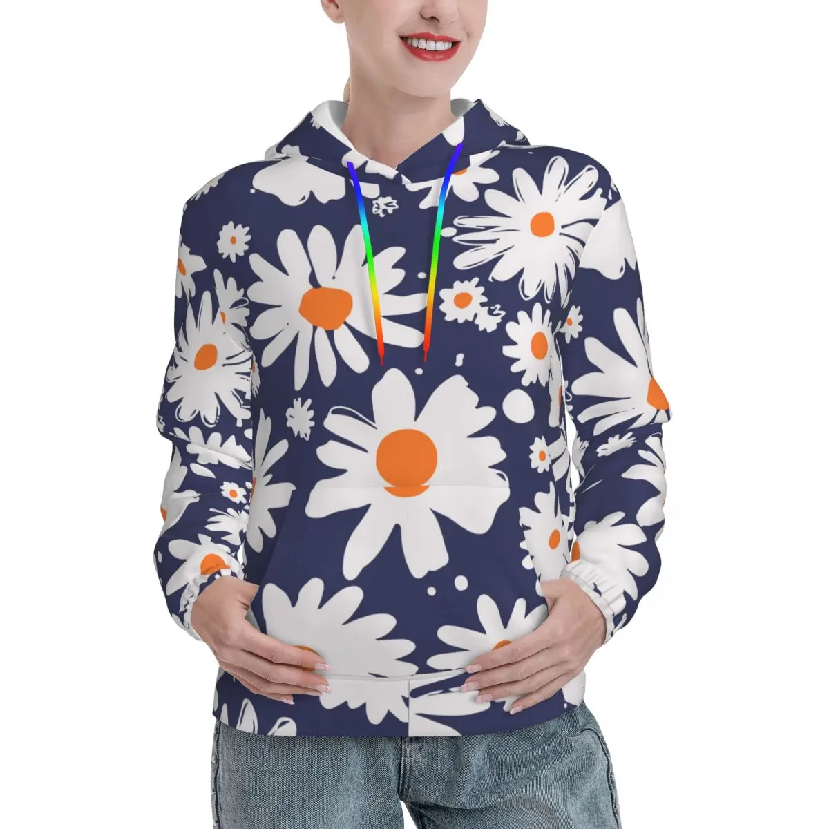 Daisies White Blue Casual Hoodies Abstract Flowers Design y2k Cool Sweatshirts Winter Long-Sleeve Loose Oversize Pullover Hoodie