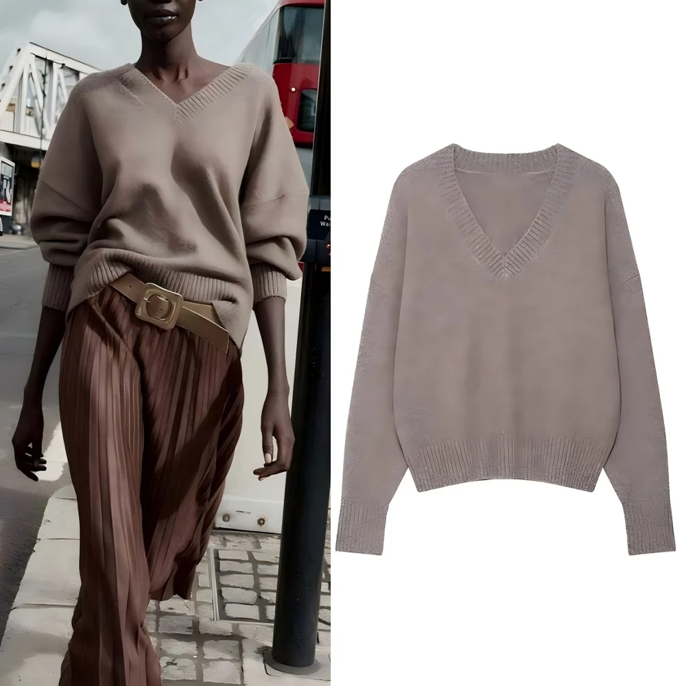 

Women's autumn fashion soft texture casual versatile V-neck knitted sweater retro long sleeved women's pullover sweater chic top