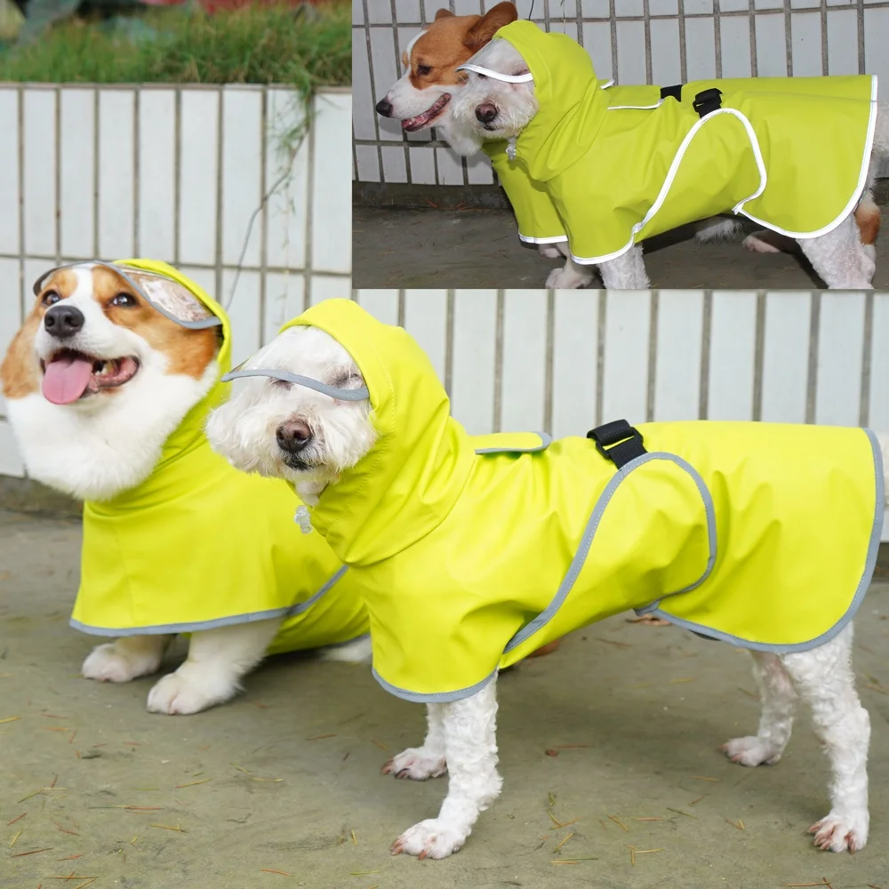 Wholesale  Raincoats Reflective Edges Fluorescent Yellow Pet Cloaks Teddy Corgi Golden Retriever pet raincoats