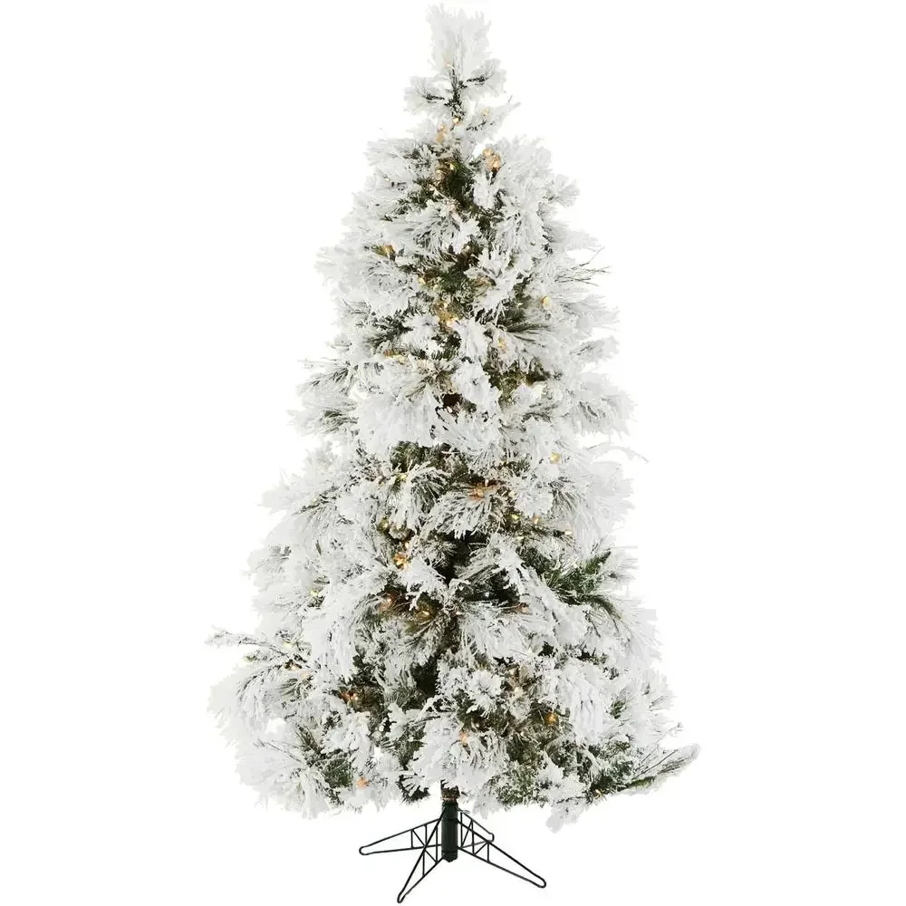 

6.5-ft Snowy Pine Artificial Christmas Tree Warm White LED Lights Realistic Lifelike Flocked Design EZ Assembly Flame-Retardant