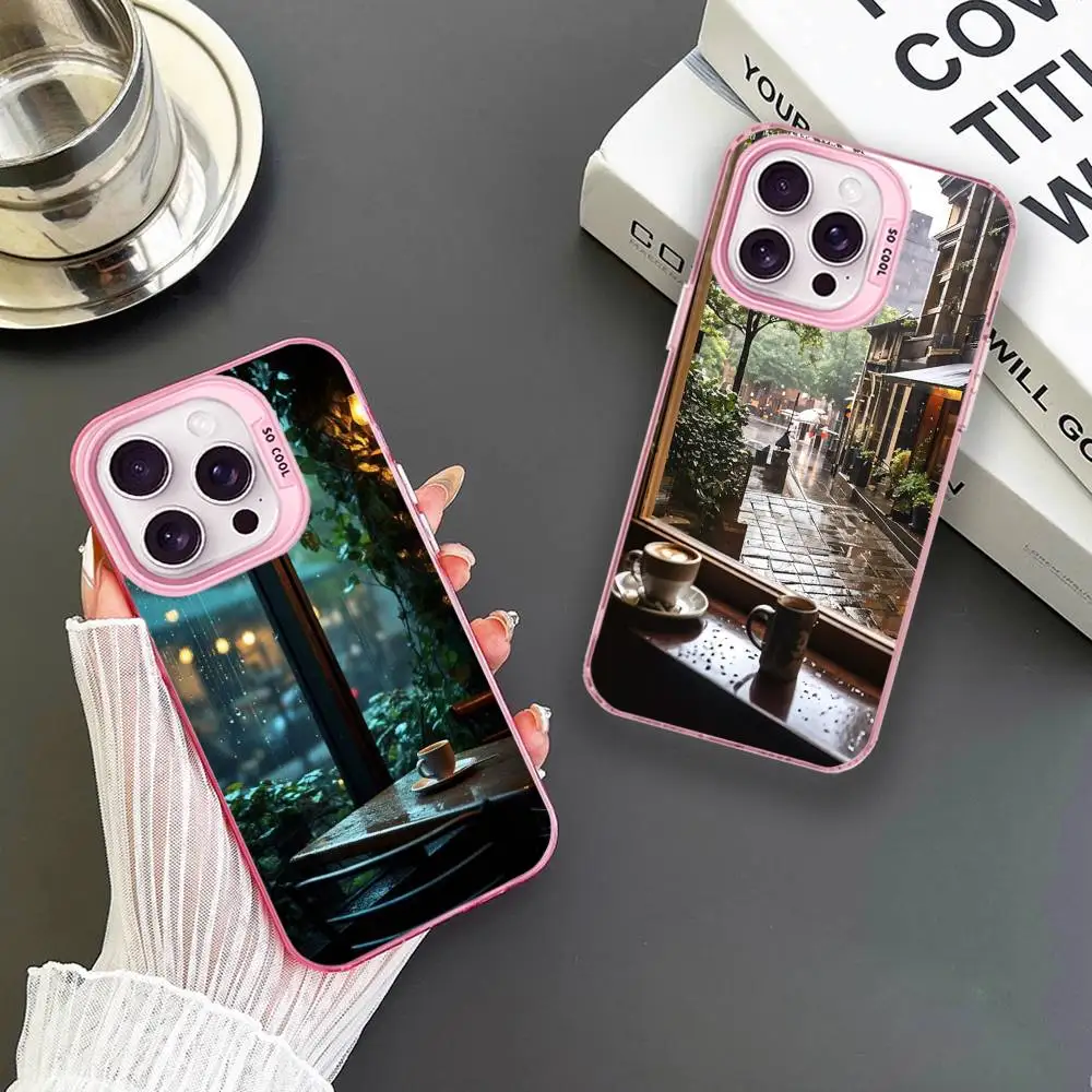 

Chill Coffee Shop In Raining Phone Case For iPhone 16,15,14,13,12,11,Mini,Pro,MAX Pink Matte Shockproof Cover