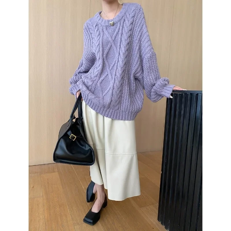 Relaxing atmosphere soft and lazy round neck twist knitted sweater 2024 early autumn new style