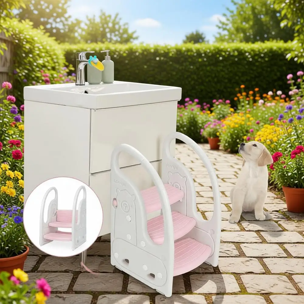 

3-Step Plastic Toddler Stool with Handles & Non-Slip Pads for Potty Training, Kitchen, and Bathroom - Pink & White