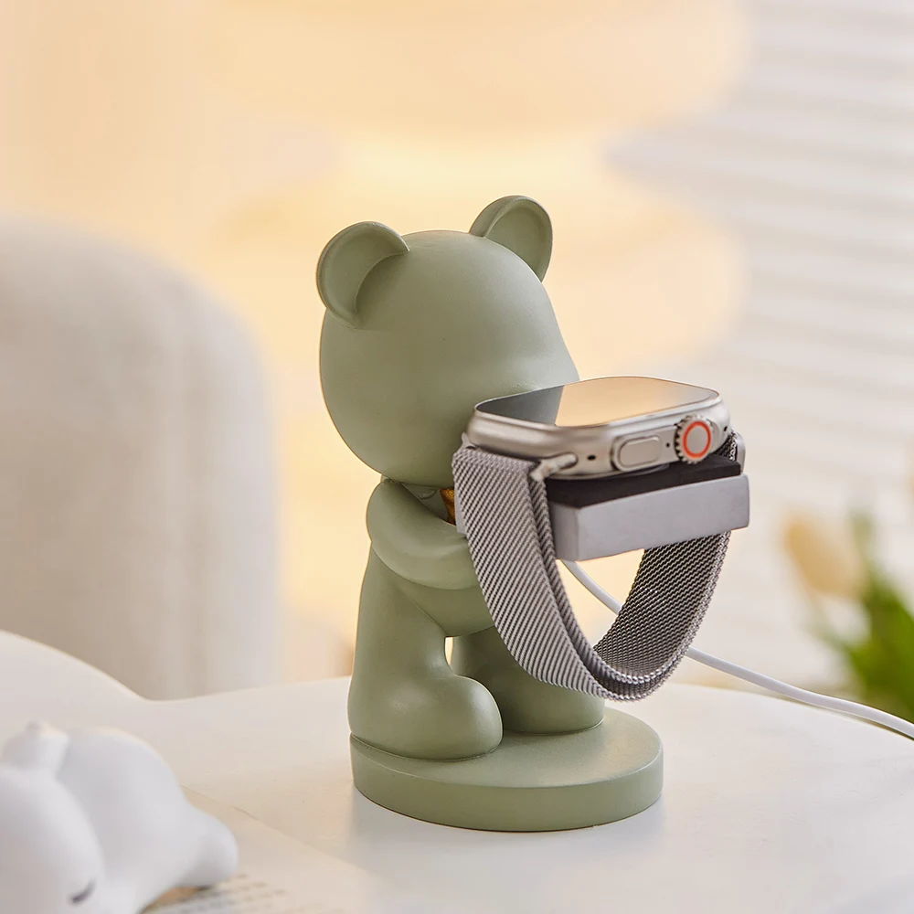 Cute Matcha Bear Watch Stand Office Workstation Desk Bedroom Decorative Ornament