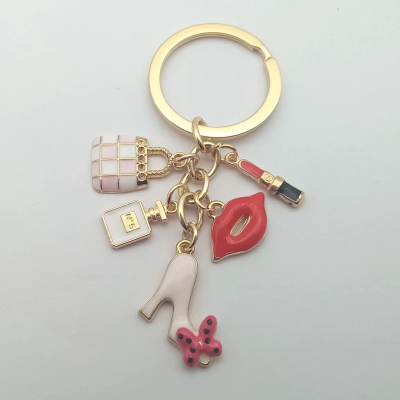 Fashion creative enamel lipstick perfume high heels bag car keychain female school bag pendant metal keychain ring gift