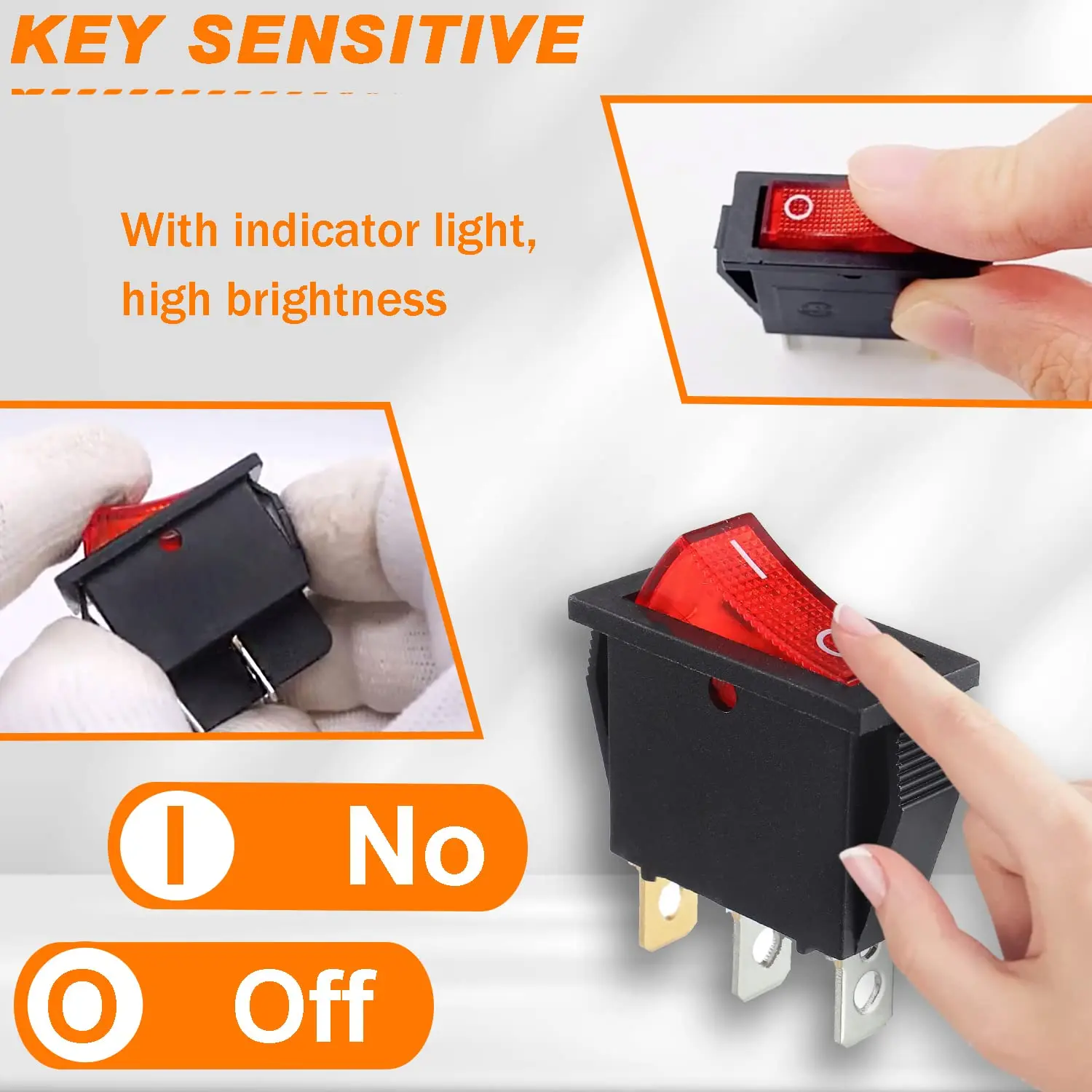 5Pcs Rocker Switch Red Light Illuminated, ON/Off SPST 3 Pin 3 Position Boat Rocker Toggle Switch Snap AC 250V/15A 125V/20A KCD3